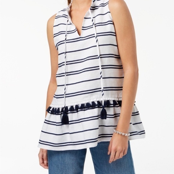 Charter Club Tops - DONATING 03-15 striped sleeveless‎ linen blouse with decorative pom pom ties